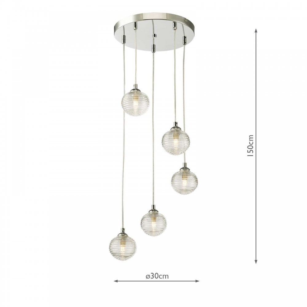 Federico 5 Light Pendant in Polished Chrome & Ribbed Glass