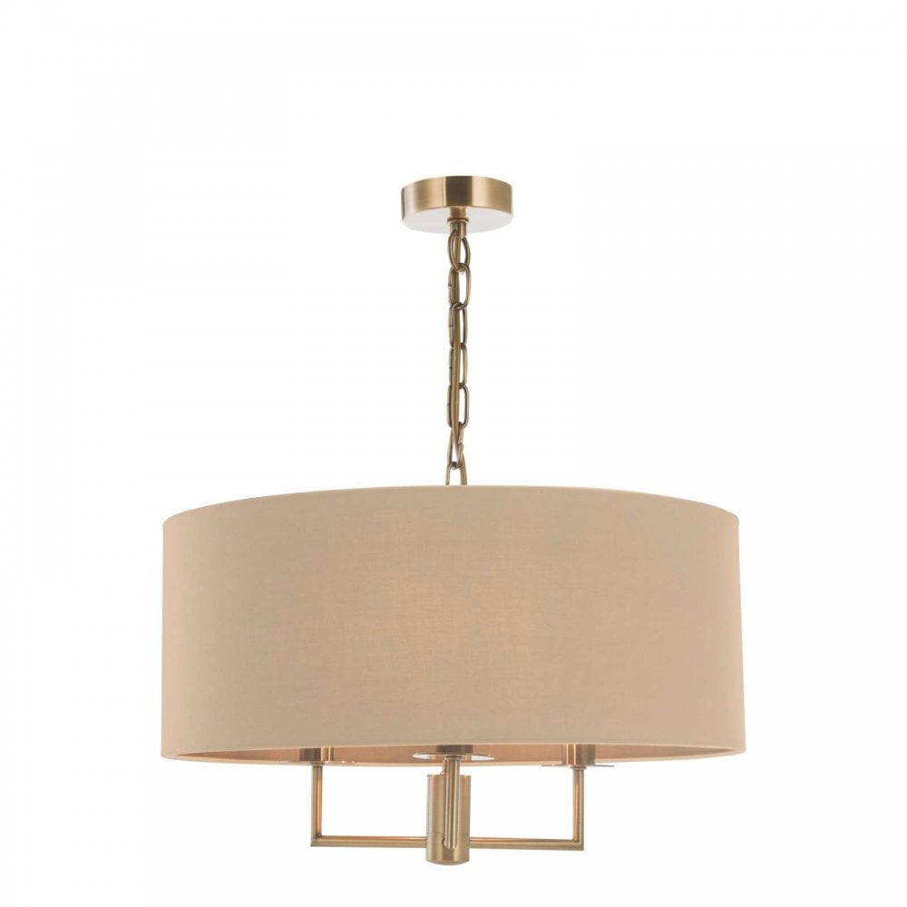 Jamelia Antique Brass 3 Light Pendant C/W Taupe Shade