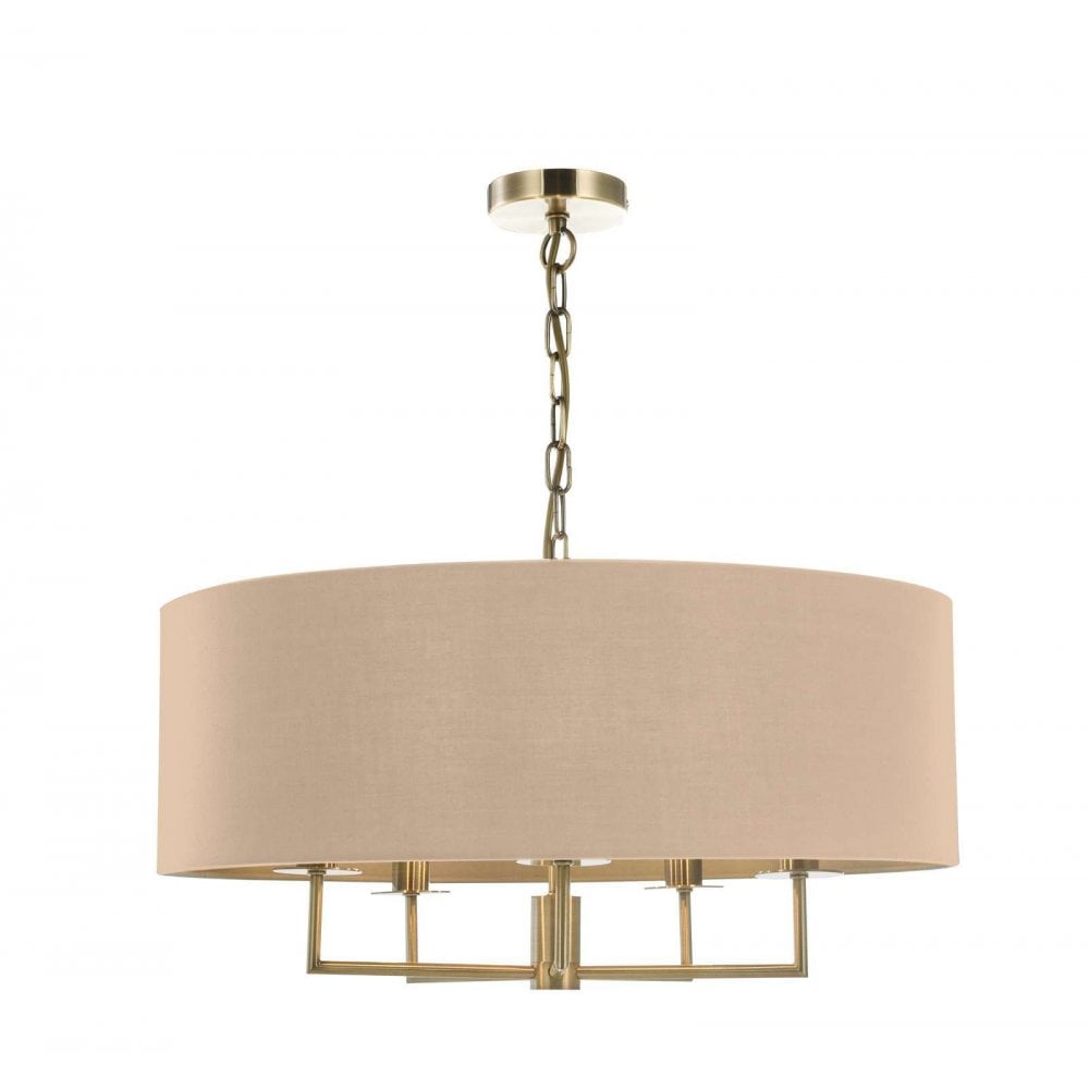 Jamelia Antique Brass 5 Light Pendant C/W Taupe Shade