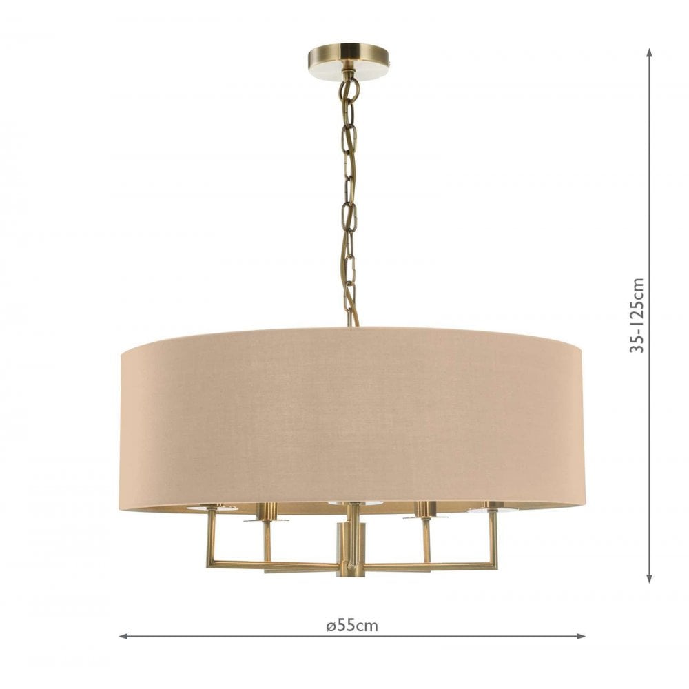 Jamelia Antique Brass 5 Light Pendant C/W Taupe Shade