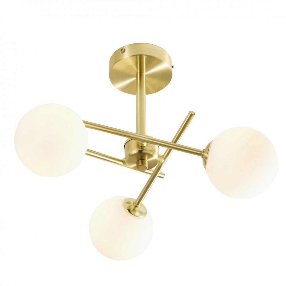 Lindos 3 Light Semi Flush in Satin Brass with Opal Glass Shade IP44