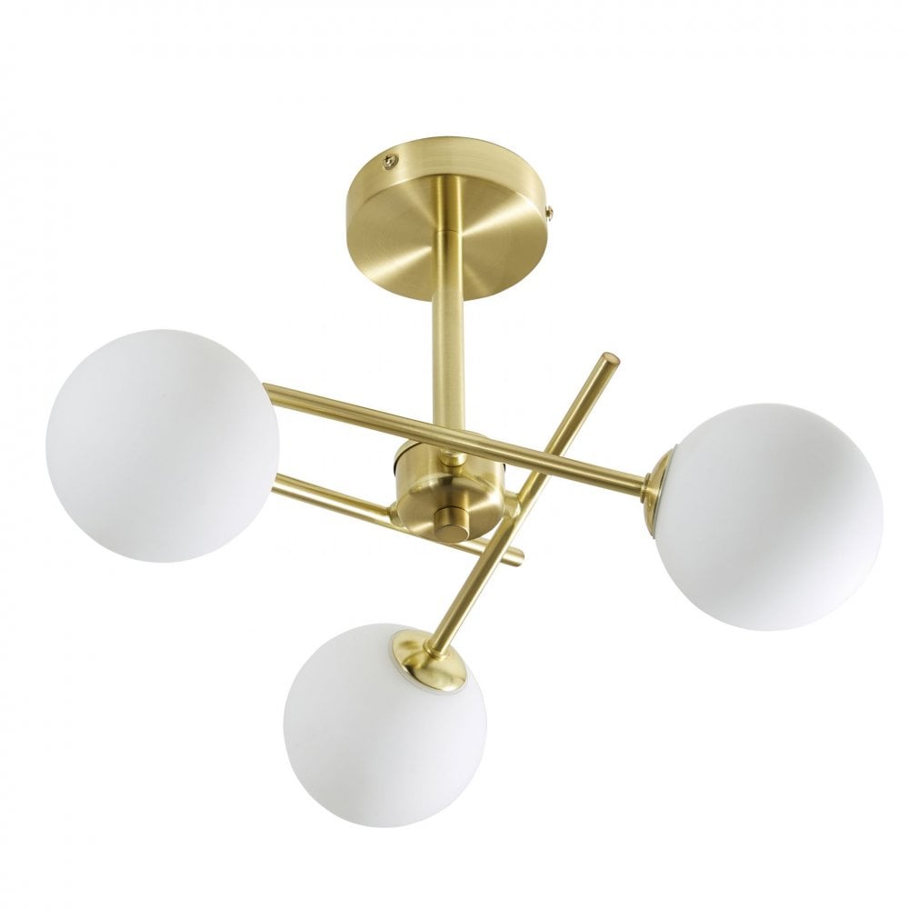 Lindos 3 Light Semi Flush in Satin Brass with Opal Glass Shade IP44