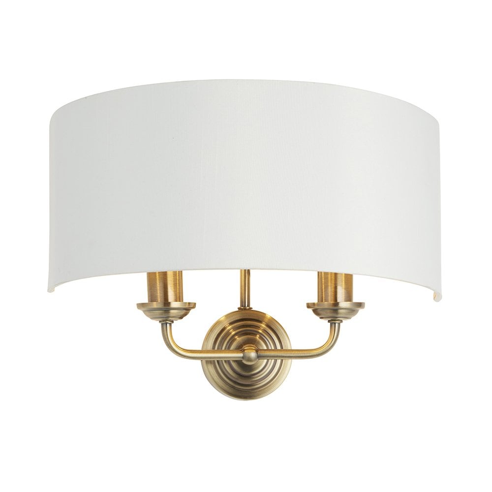 Highclere Double Wall Light in Antique Brass C/W White Shade
