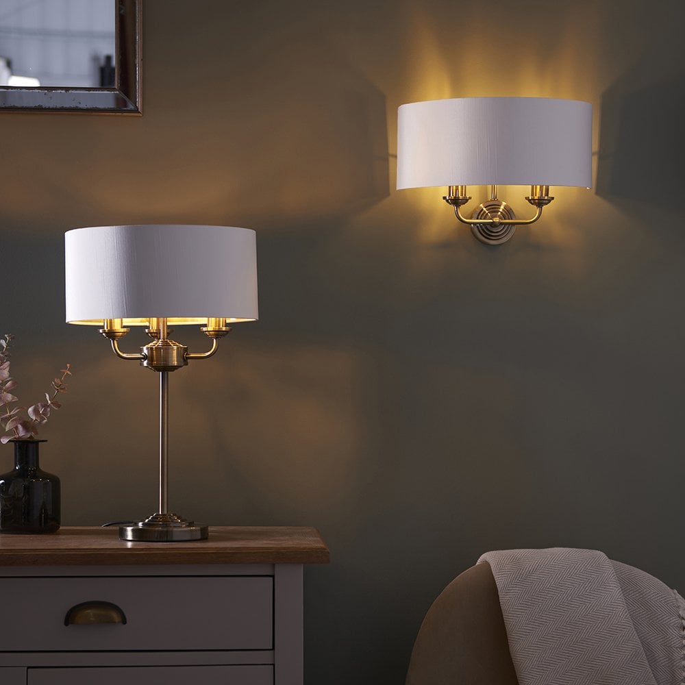Highclere Double Wall Light in Antique Brass C/W White Shade