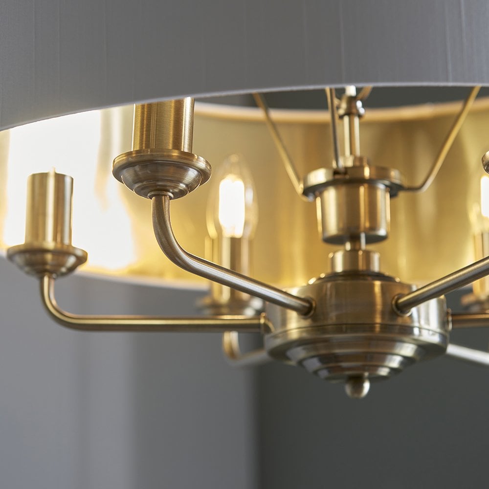 Highclere 6 Light Drum Pendant in Antique Brass C/W White Shade