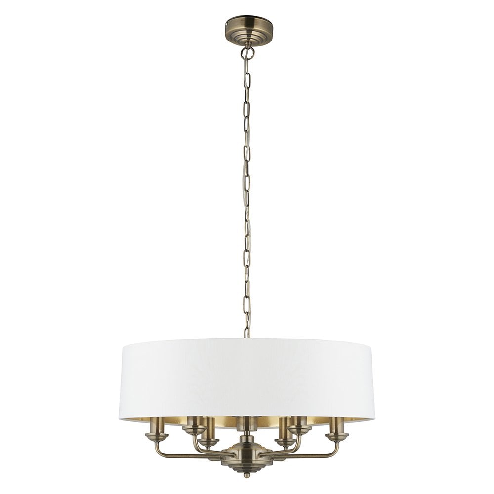 Highclere 6 Light Drum Pendant in Antique Brass C/W White Shade