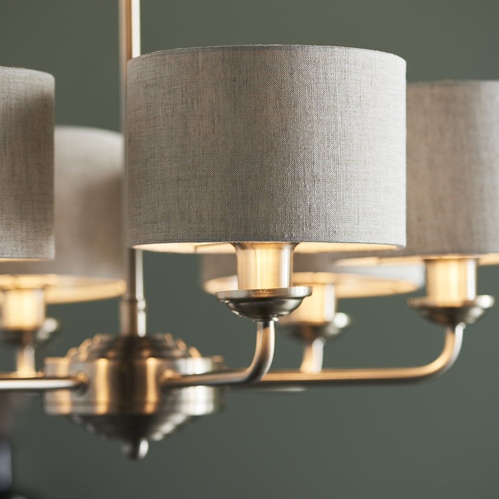 Highclere 6 Light Multi Arm Pendant in Bright Nickel C/W Charcoal Shades