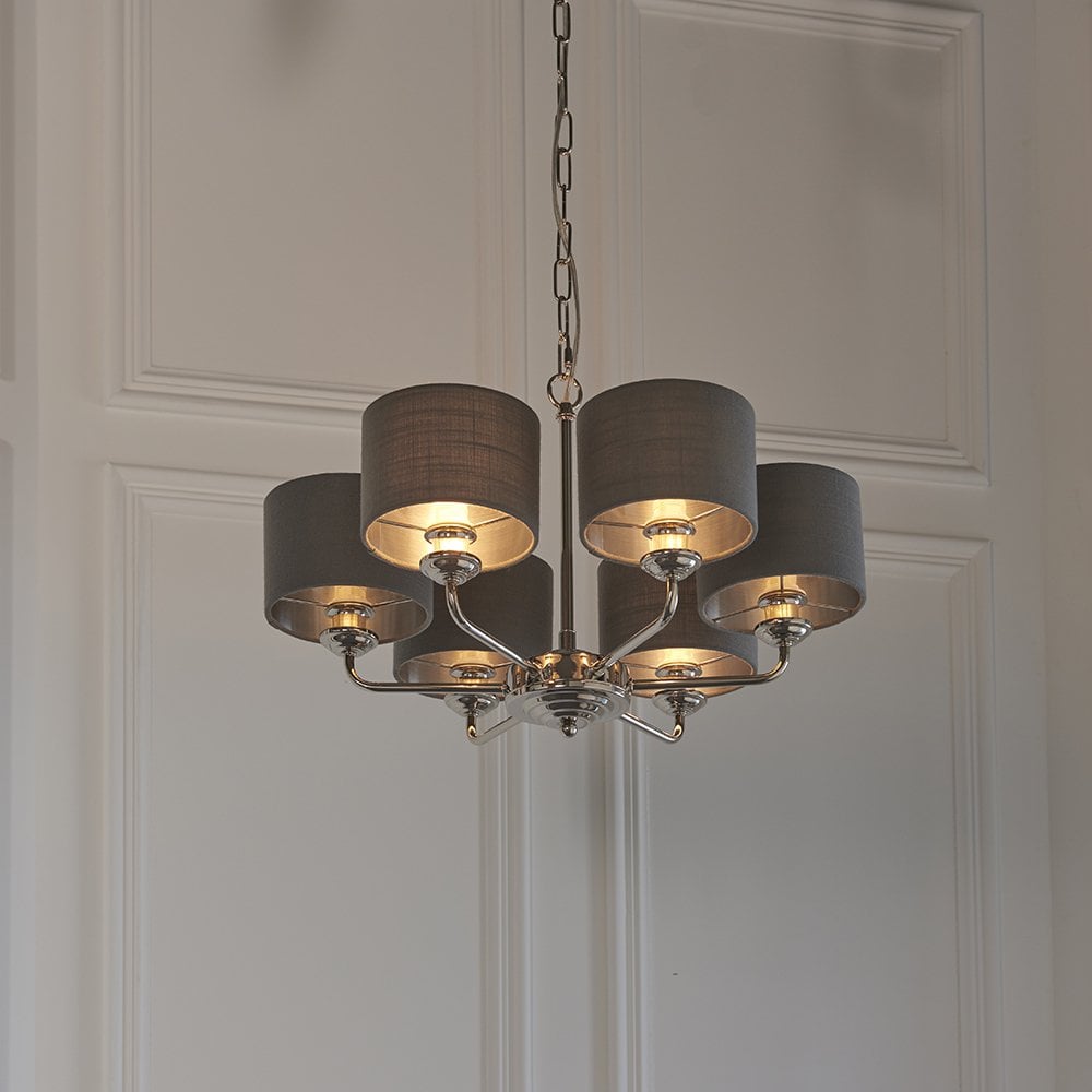 Highclere 6 Light Multi Arm Pendant in Bright Nickel C/W Charcoal Shades