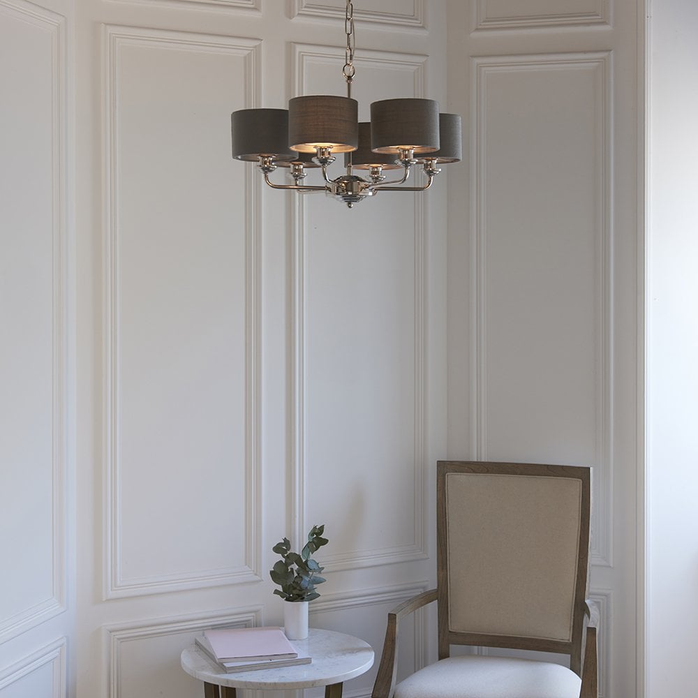 Highclere 6 Light Multi Arm Pendant in Bright Nickel C/W Charcoal Shades
