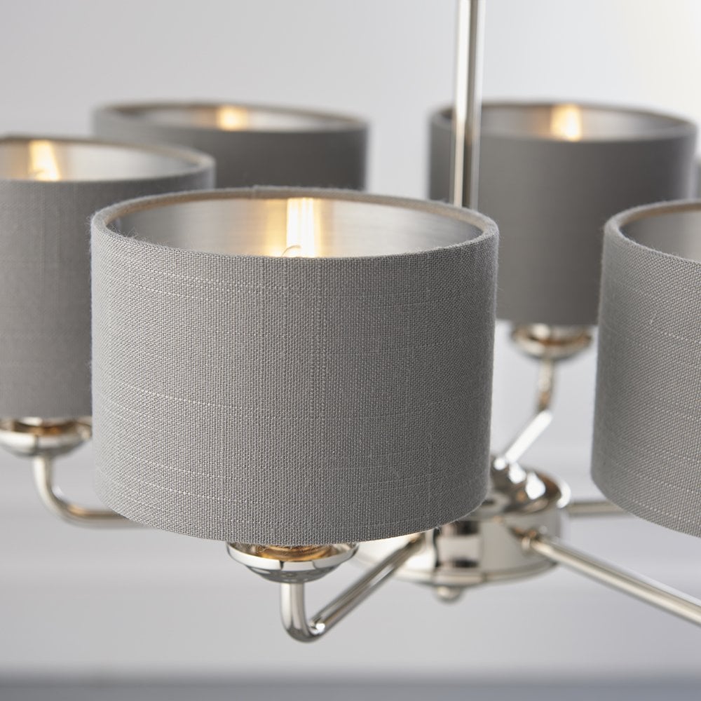 Highclere 6 Light Multi Arm Pendant in Bright Nickel C/W Charcoal Shades