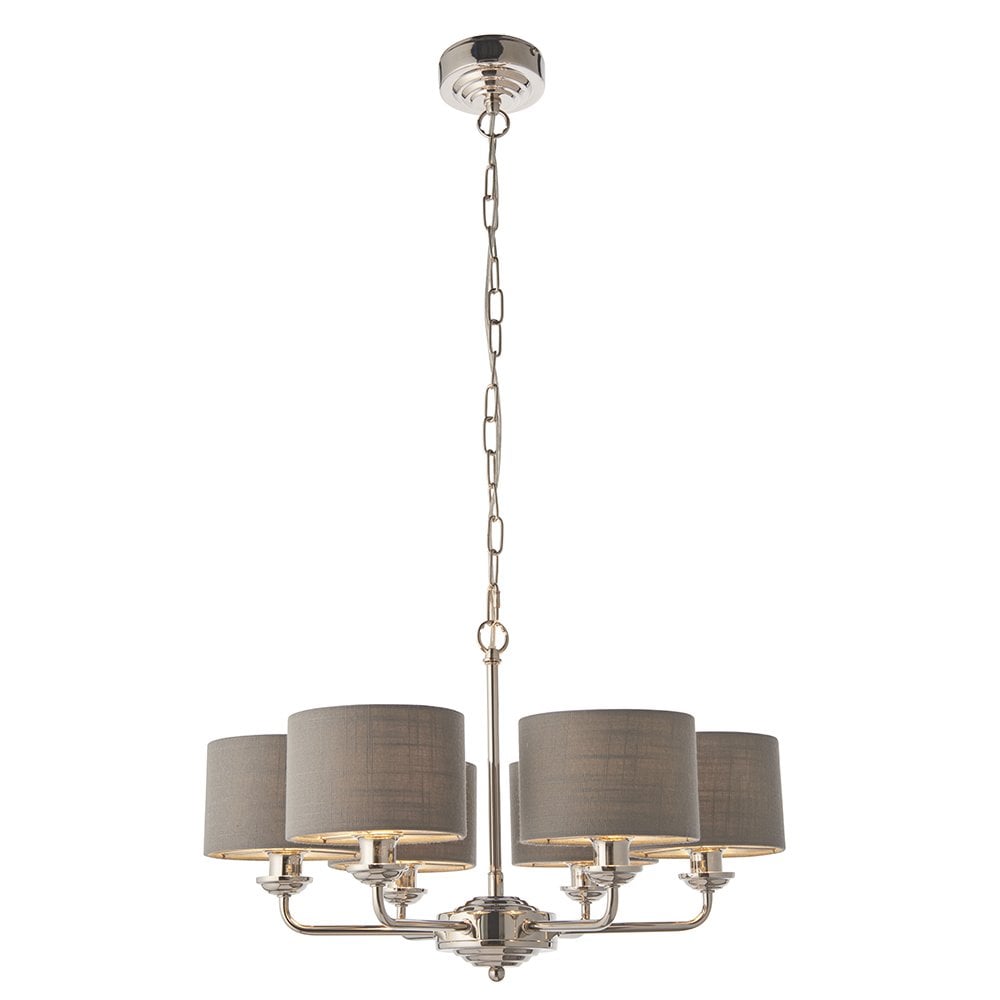 Highclere 6 Light Multi Arm Pendant in Bright Nickel C/W Charcoal Shades