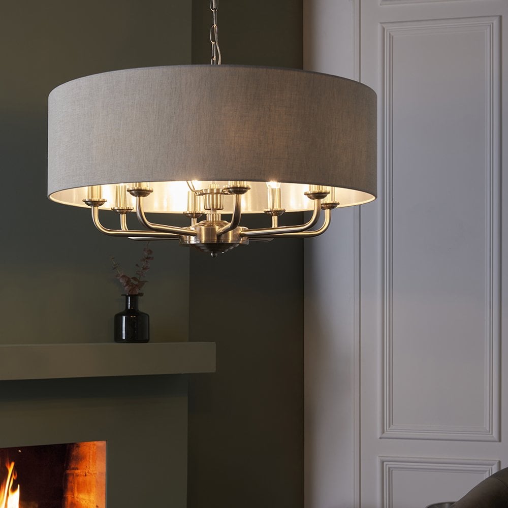 Highclere 8 Light Drum Pendant Bright Nickel C/W Charcoal Shade