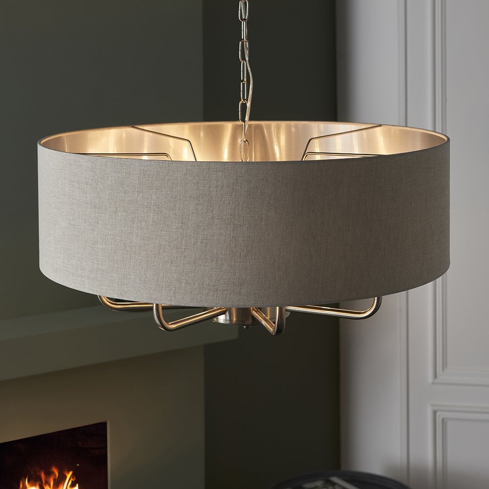 Highclere 8 Light Drum Pendant Bright Nickel C/W Charcoal Shade