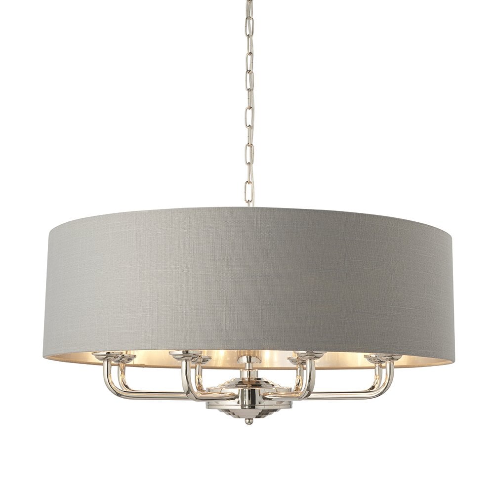 Highclere 8 Light Drum Pendant Bright Nickel C/W Charcoal Shade