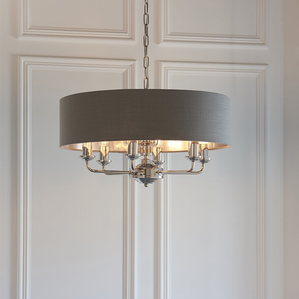Highclere 8 Light Drum Pendant Bright Nickel C/W Charcoal Shade
