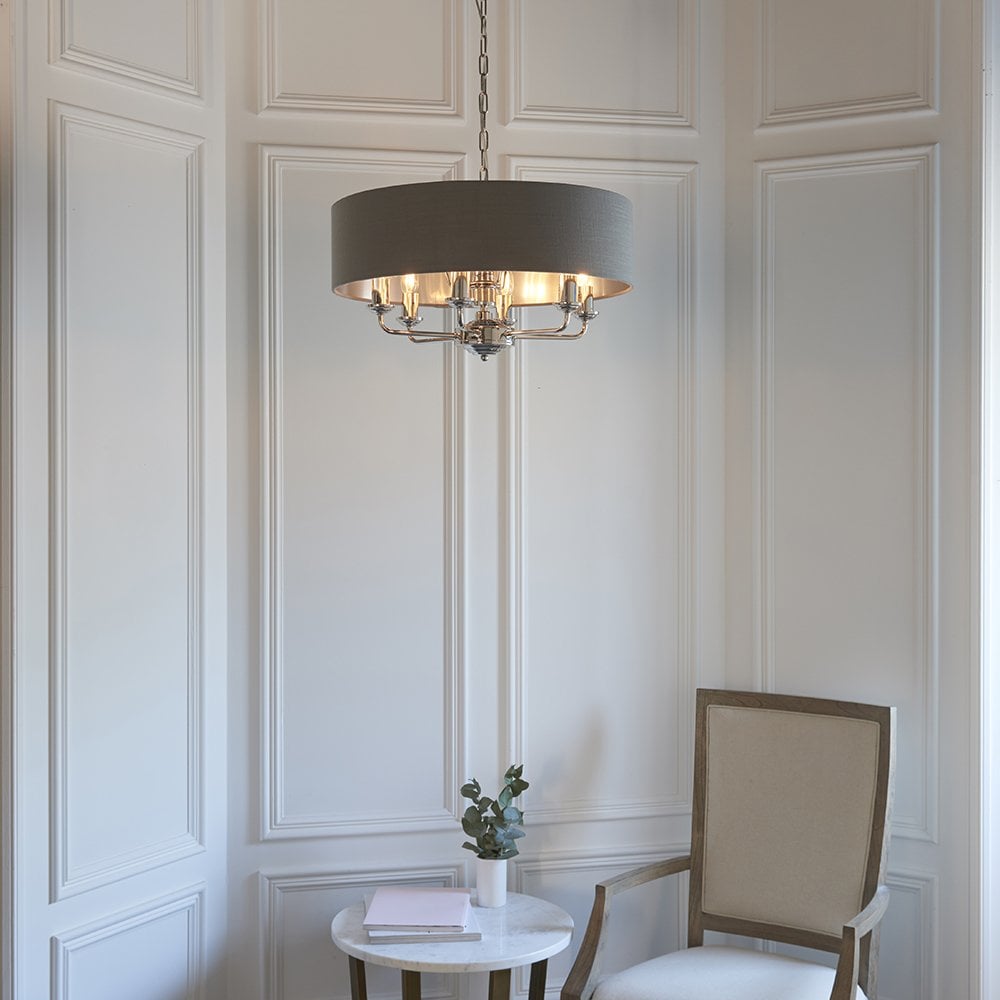 Highclere 8 Light Drum Pendant Bright Nickel C/W Charcoal Shade