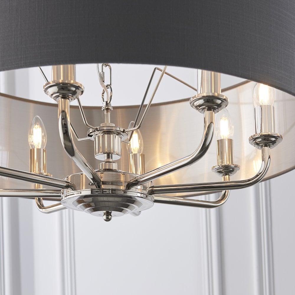 Highclere 8 Light Drum Pendant Bright Nickel C/W Charcoal Shade