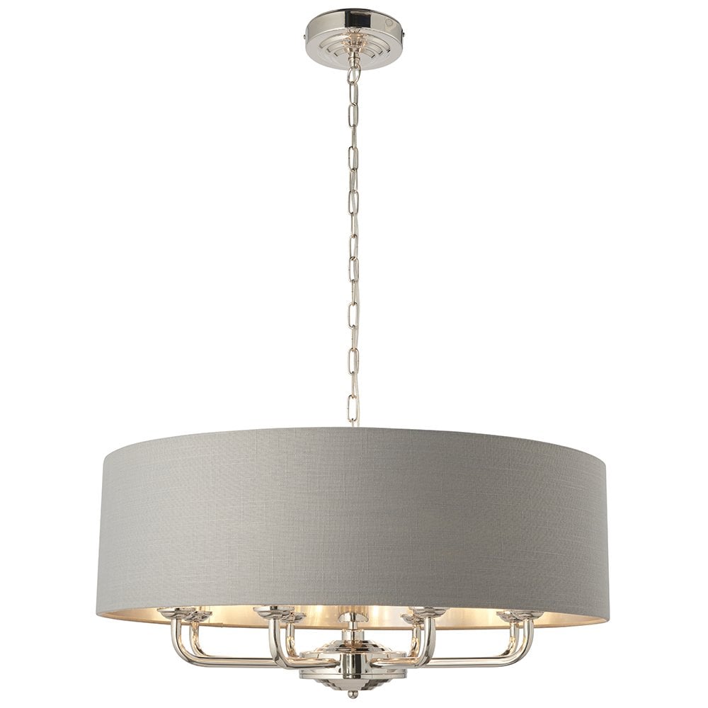 Highclere 8 Light Drum Pendant Bright Nickel C/W Charcoal Shade