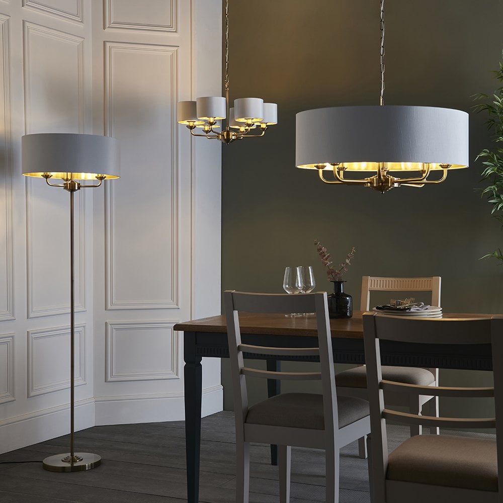 Highclere 8 Light Drum Pendant Bright Nickel C/W Charcoal Shade
