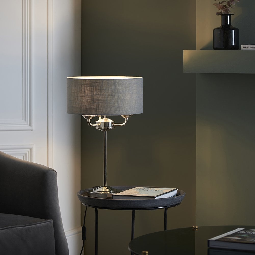 Highclere 3 Light Table Lamp in Bright Nicke; & Charcoal Shade