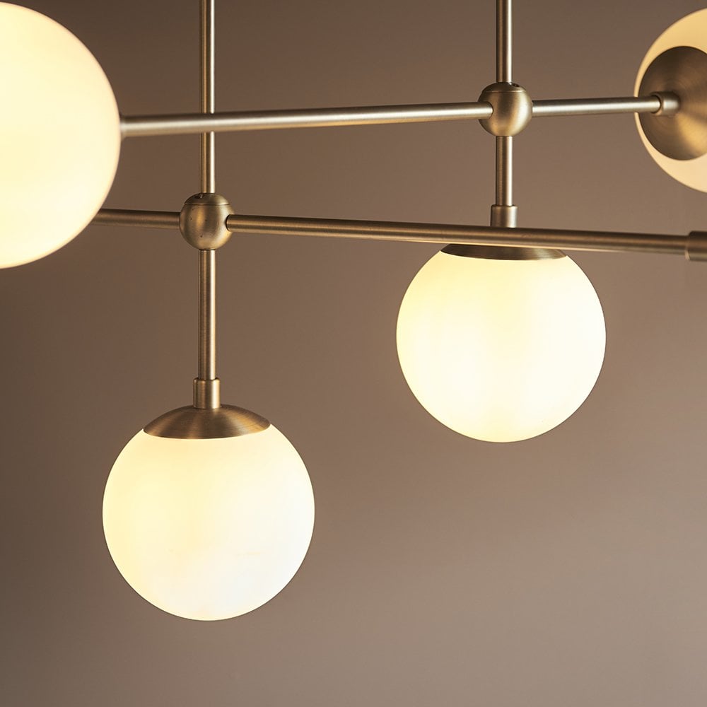 6 Light Matt Antique Brass Pendant with Opal Shades