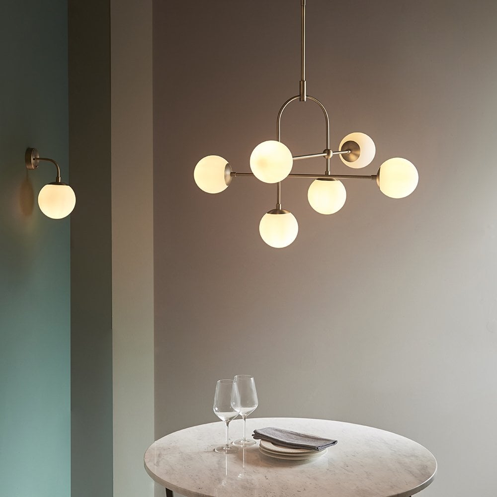 6 Light Matt Antique Brass Pendant with Opal Shades