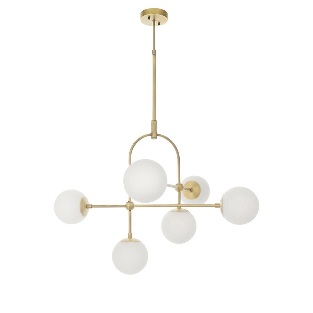 6 Light Matt Antique Brass Pendant with Opal Shades