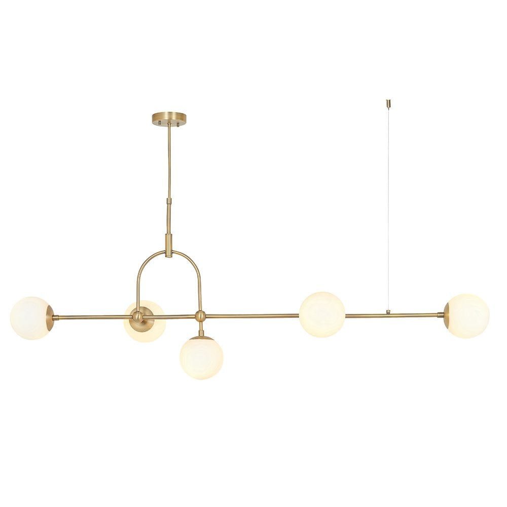 5 Light Matt Antique Brass Linear Pendant with Opal Shades