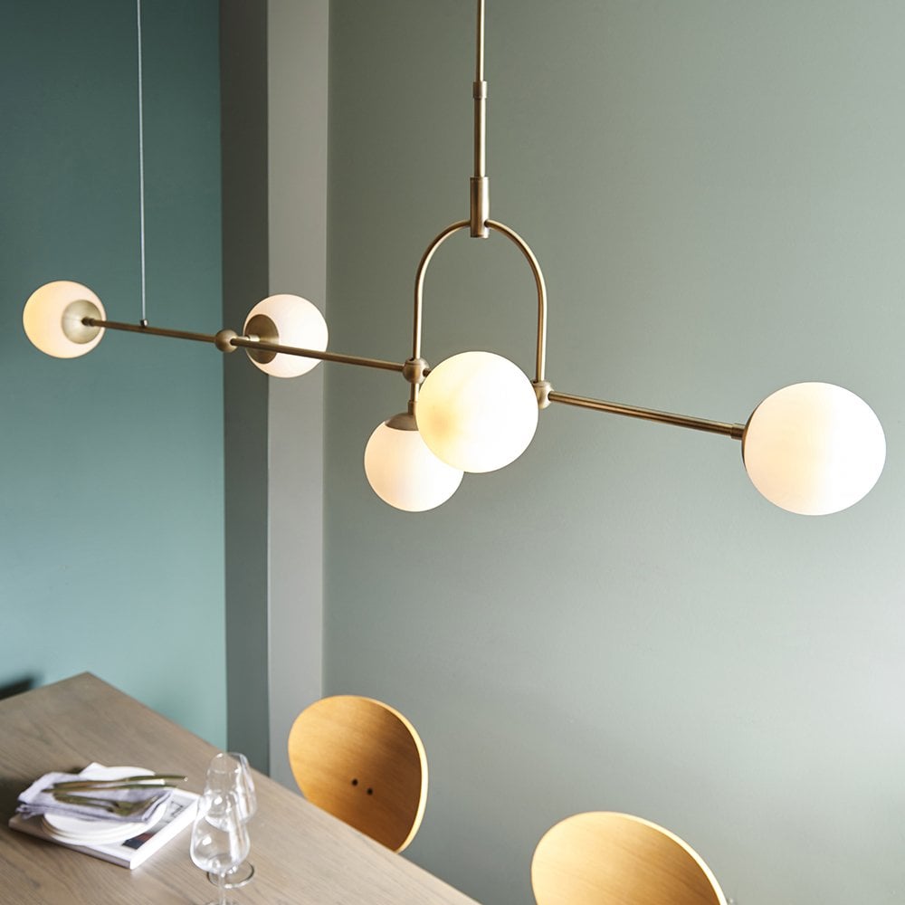 5 Light Matt Antique Brass Linear Pendant with Opal Shades