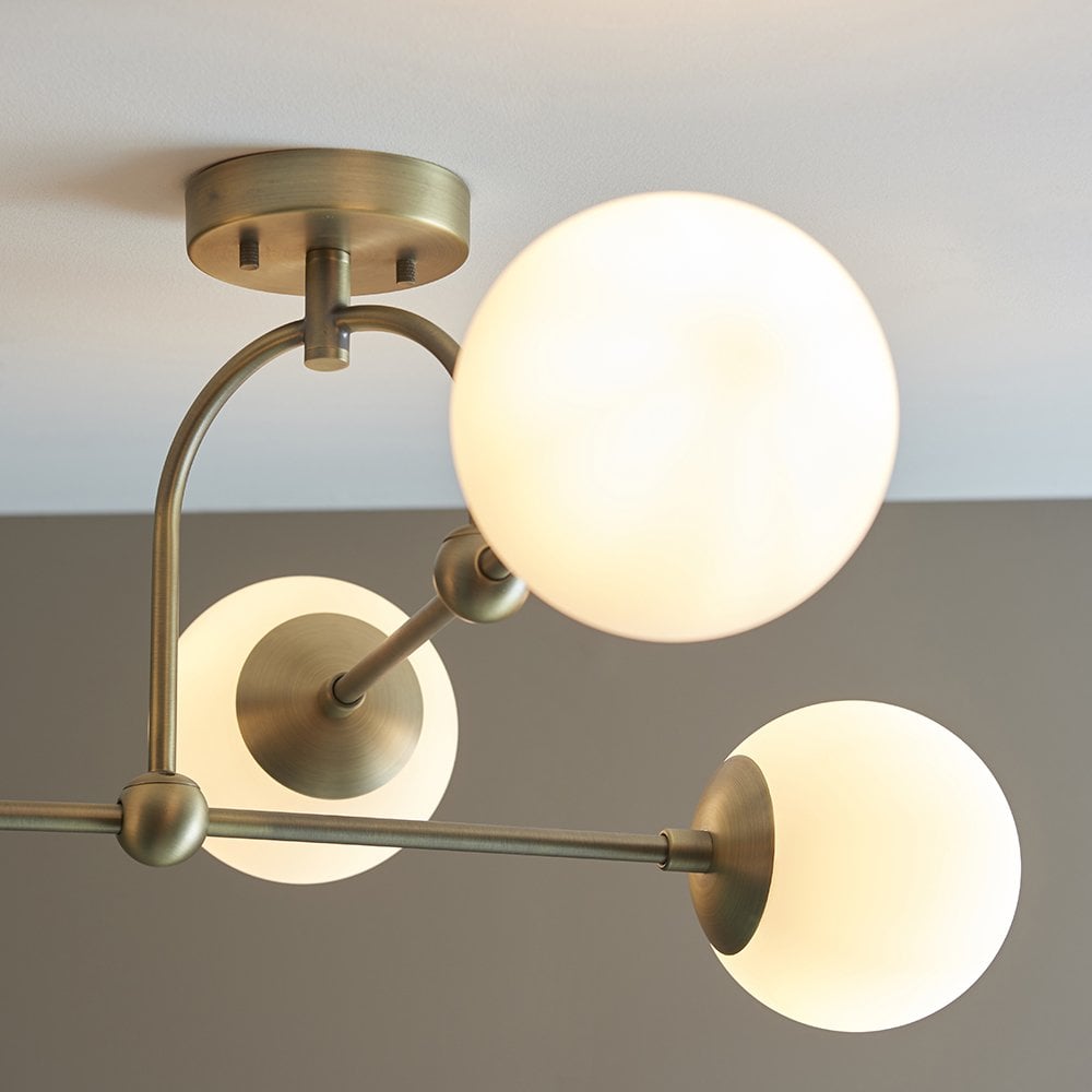 4 Light Semi Flush Antique Brass with Opal Shades