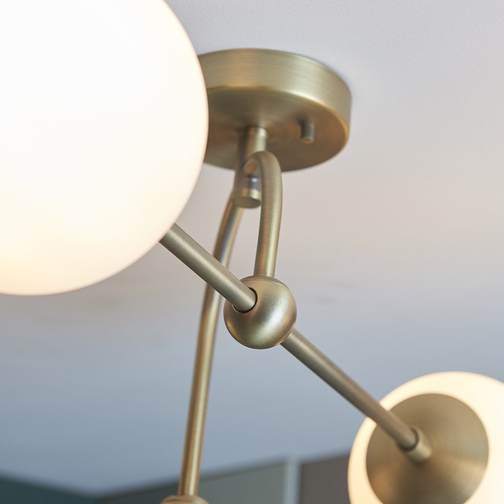 4 Light Semi Flush Antique Brass with Opal Shades