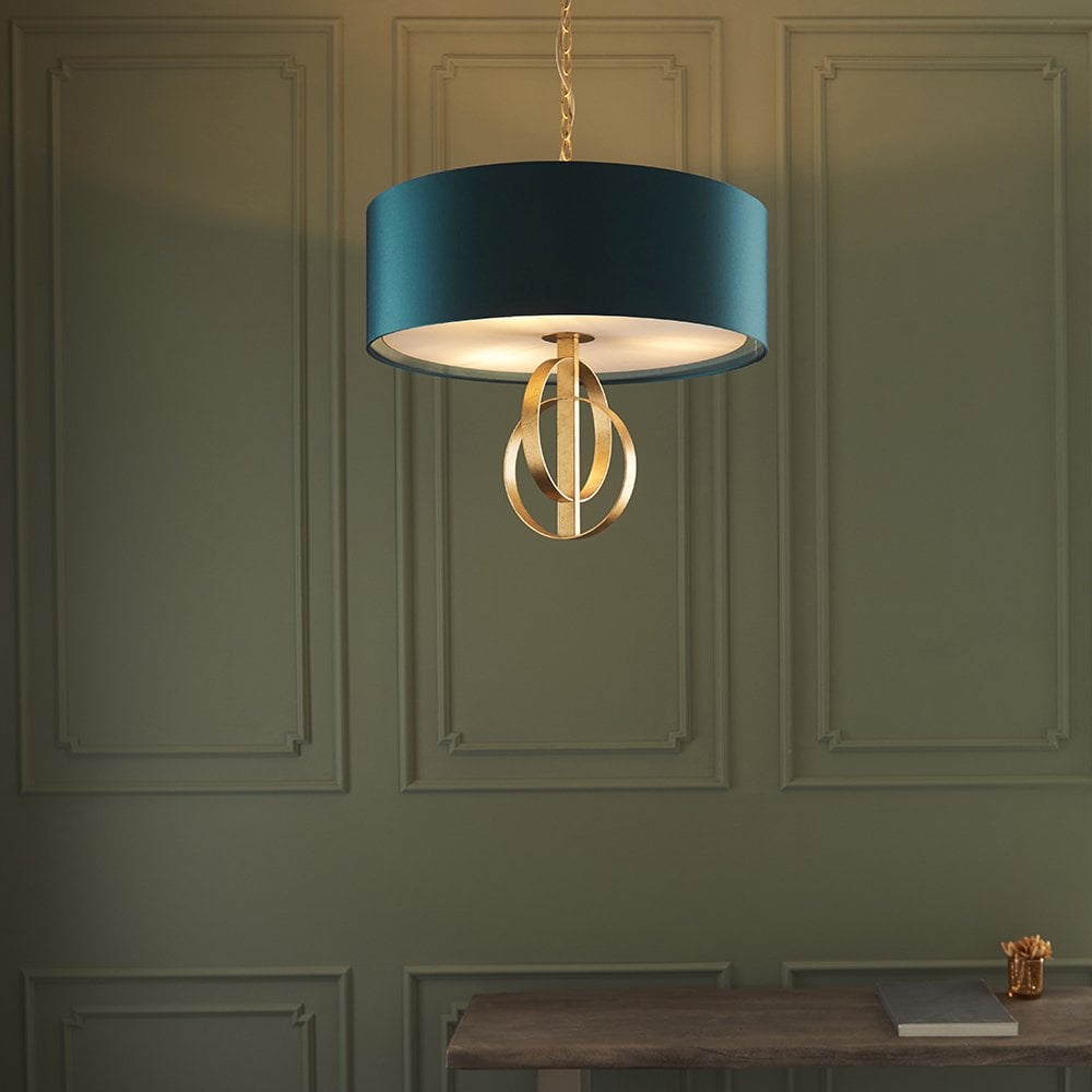3 Light Gold Leaf Pendant C/W Teal Shade