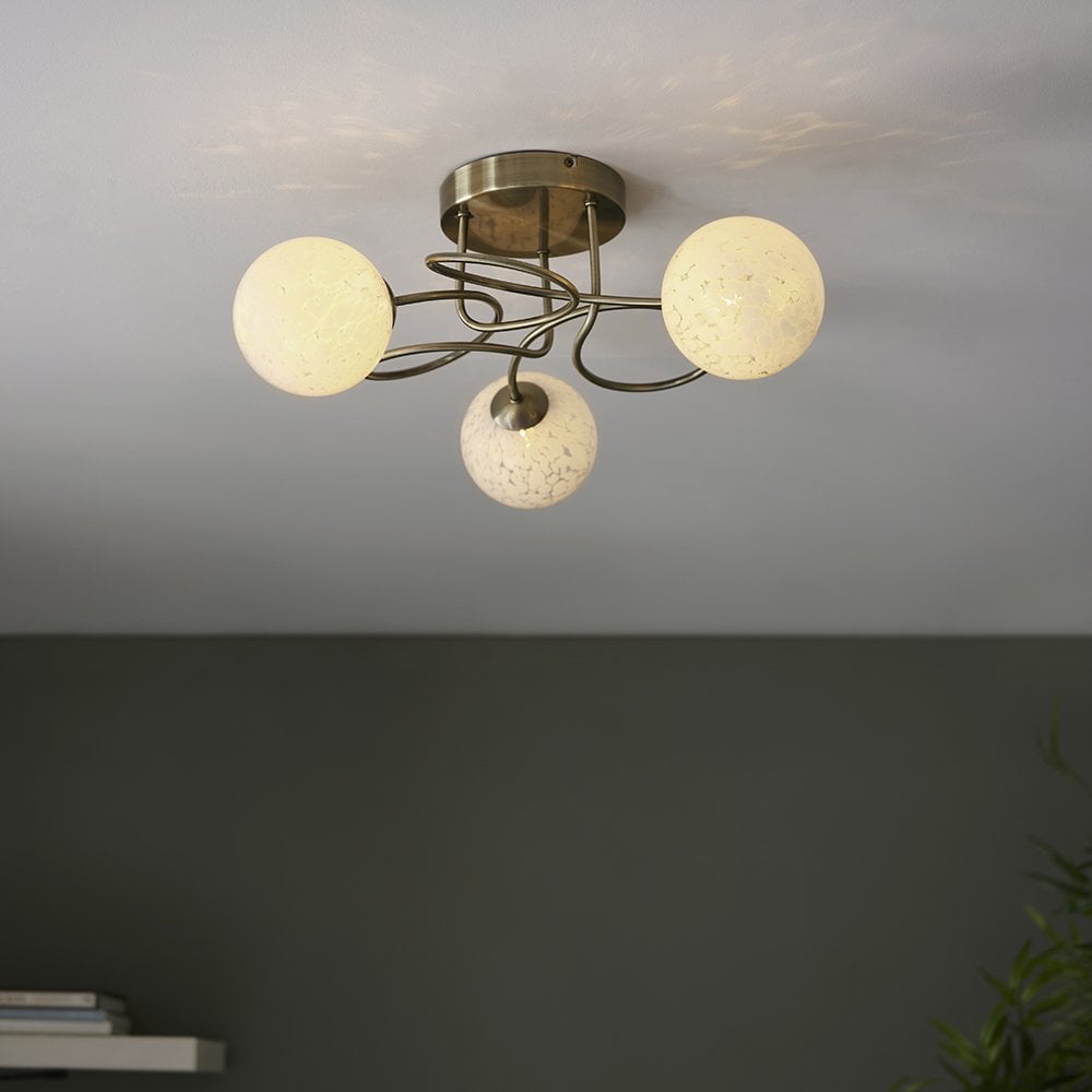 Delos Antique Brass Semi Flush Fitting with Decorative Glass Shades