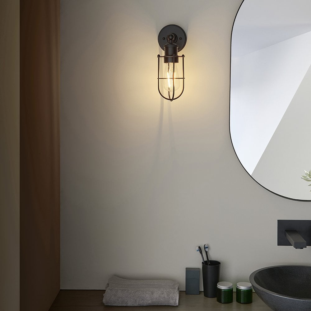 Crew Industrial Style Wall Light Caged in Black with Pull Switch