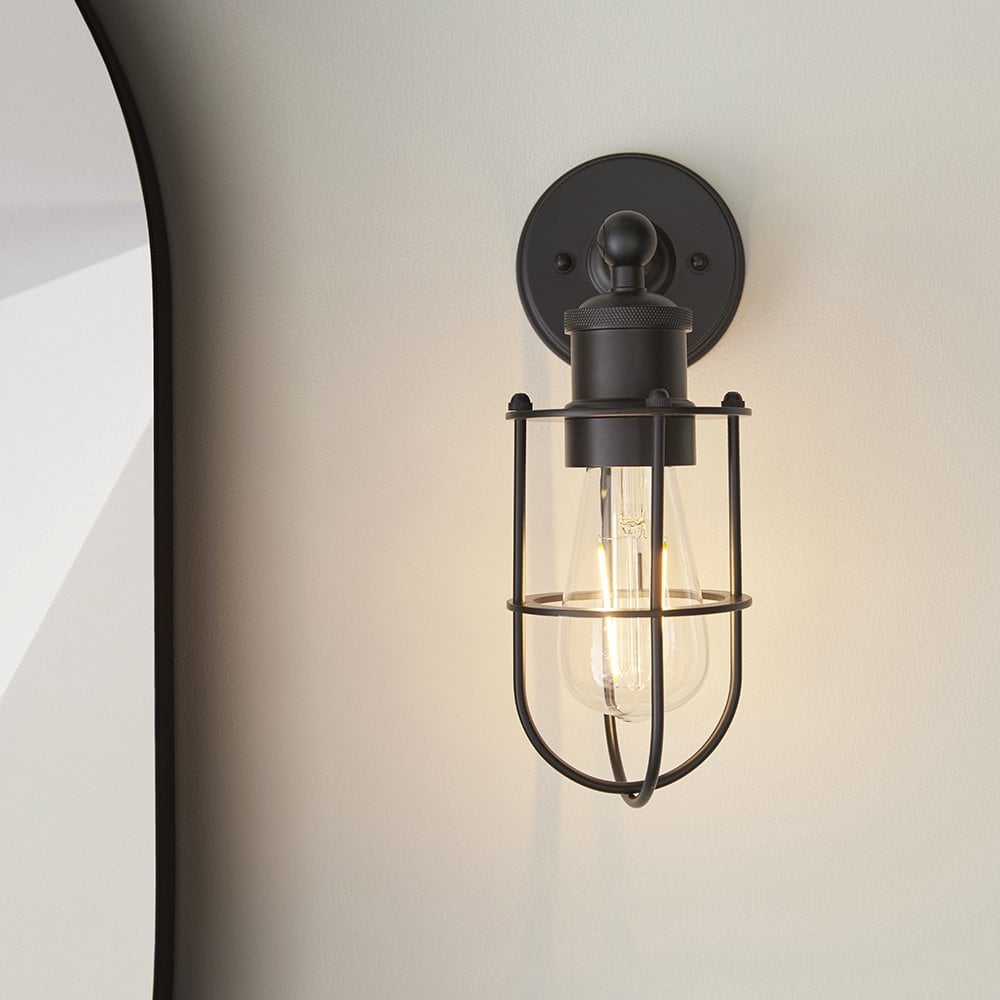 Crew Industrial Style Wall Light Caged in Black with Pull Switch