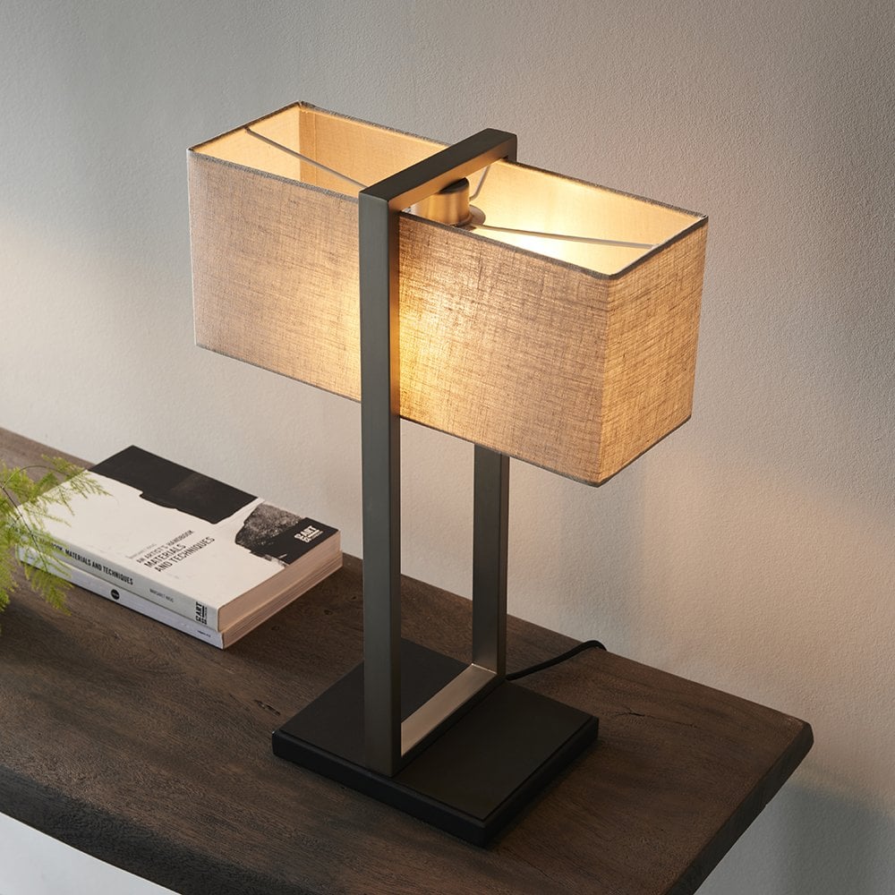 Classic Table Lamp with Natural Shade in Satin Nickel