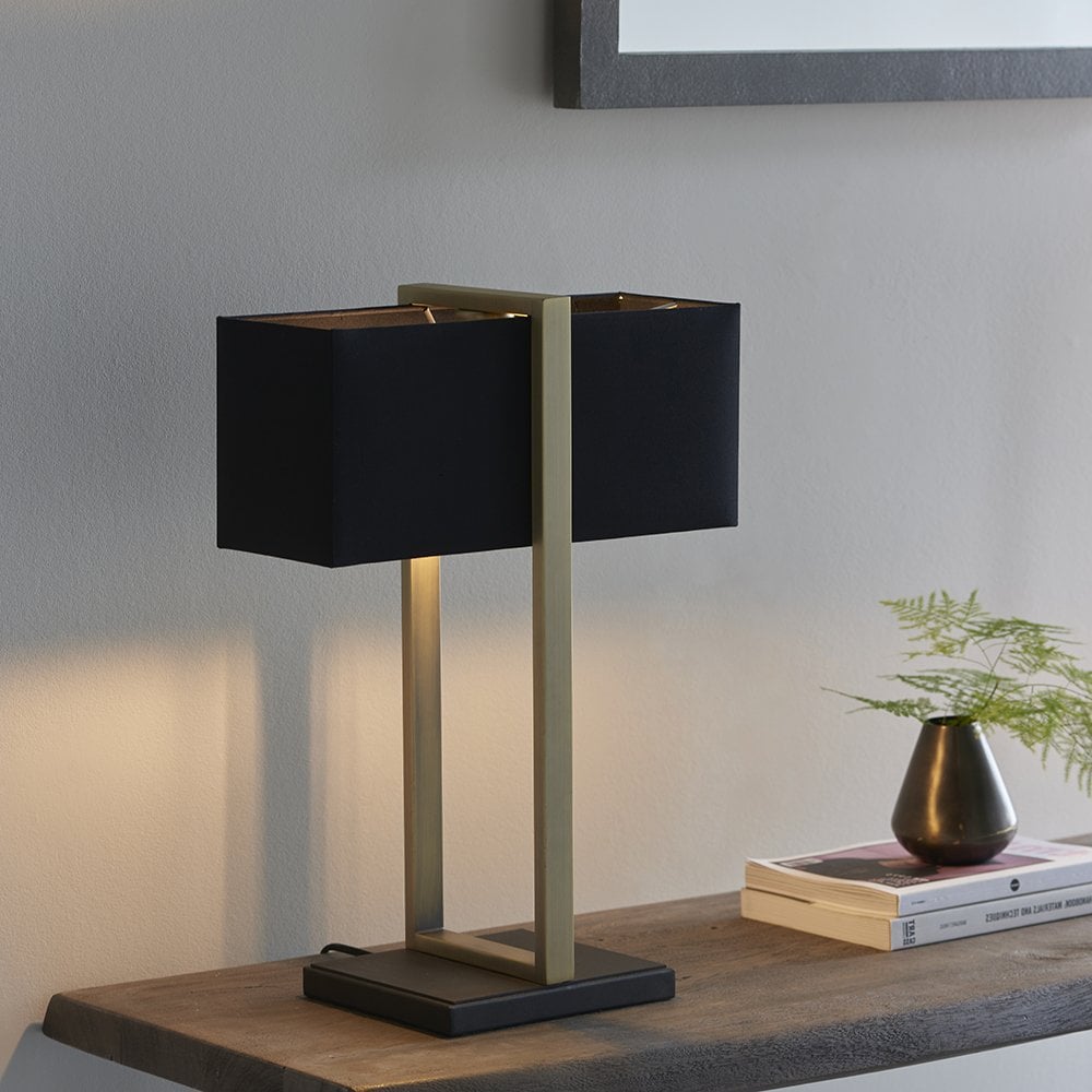 Classic Table Lamp with Black Shade in Antique Brass