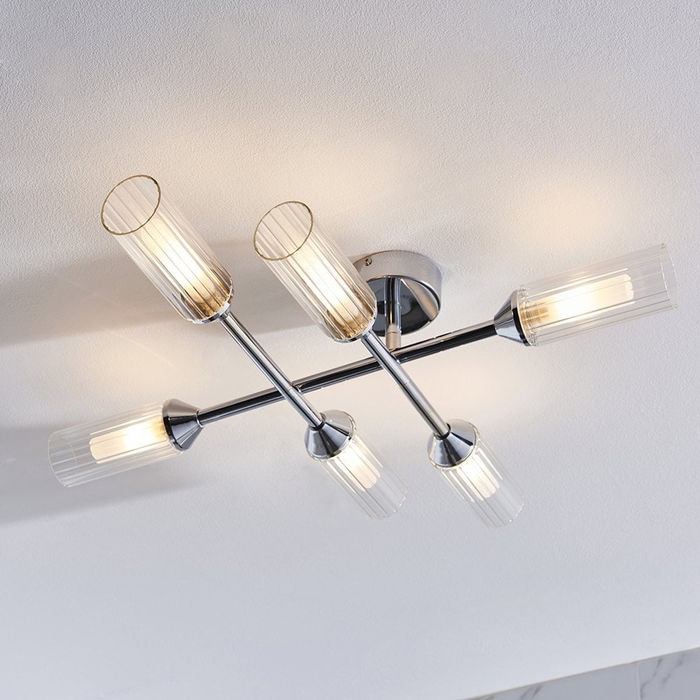 Natori Modern Semi Flush 6 Light in Chrome with Ribbed & Frosted Glass