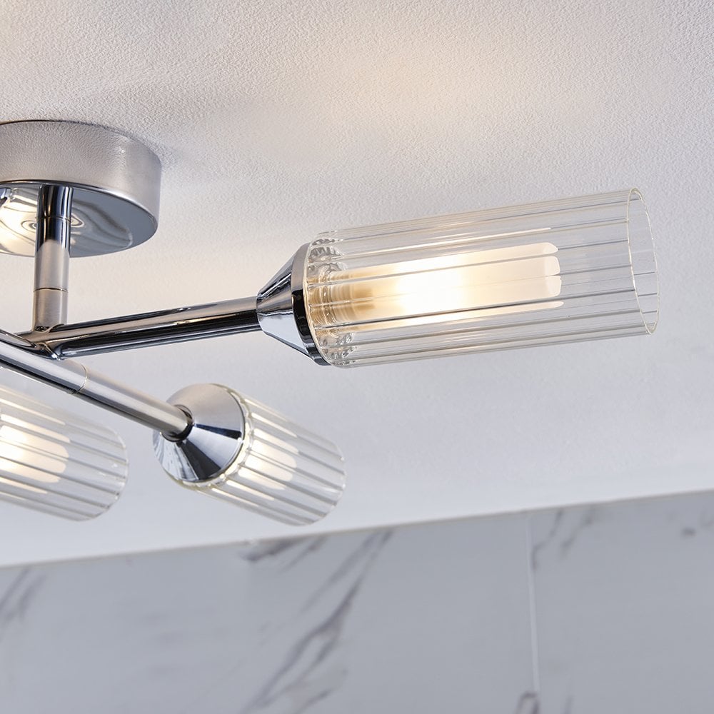 Natori Modern Semi Flush 6 Light in Chrome with Ribbed & Frosted Glass