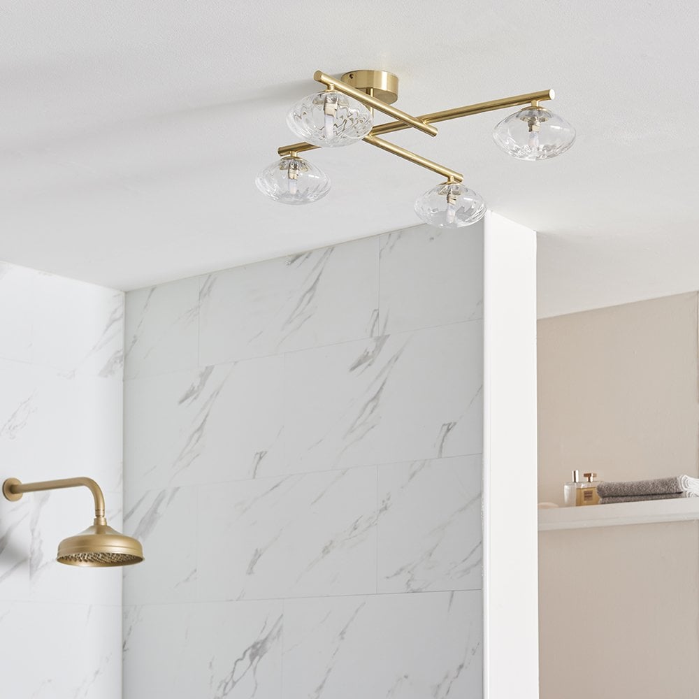 Andy 4 Light Semi Flush in Brass with Clear Ribbed Glass