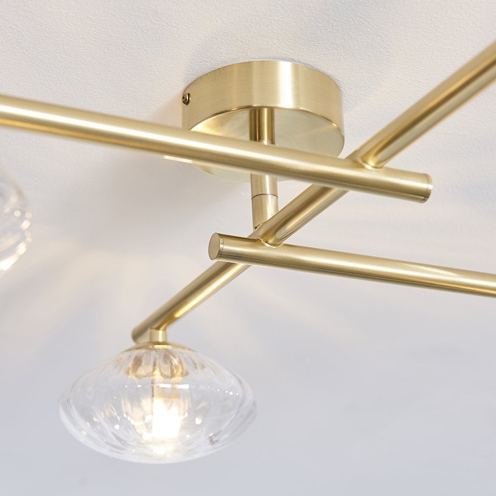 Andy 4 Light Semi Flush in Brass with Clear Ribbed Glass