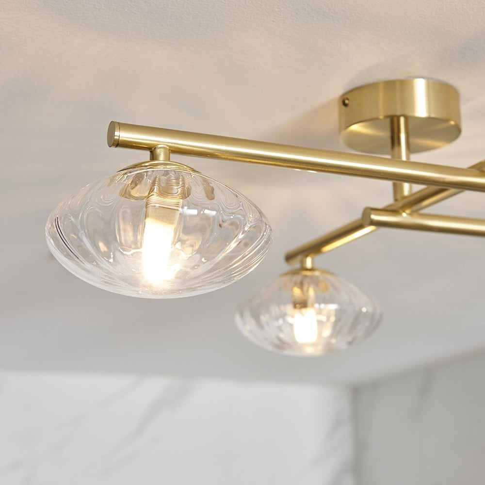 Andy 4 Light Semi Flush in Brass with Clear Ribbed Glass