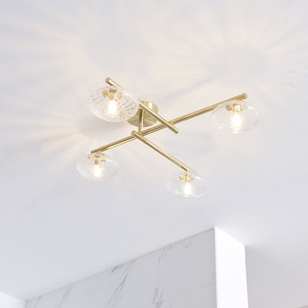 Andy 4 Light Semi Flush in Brass with Clear Ribbed Glass