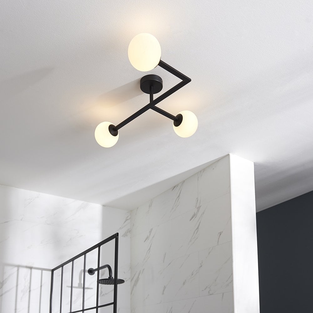 Stylish Angled Semi Flush Light in Matt Black with Opal Glass