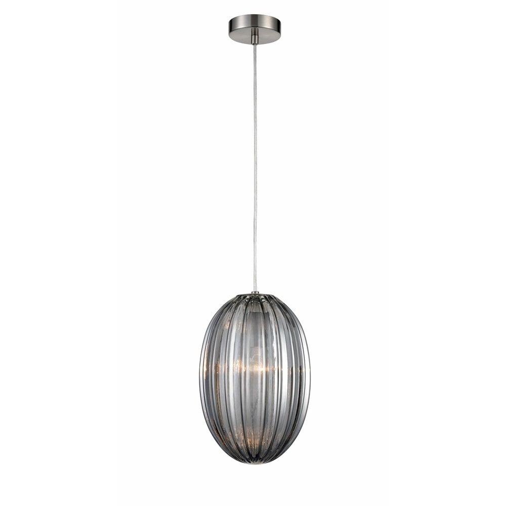 Almond Satin Nickel Pendant with Smoked Ribbed Glass 200mm
