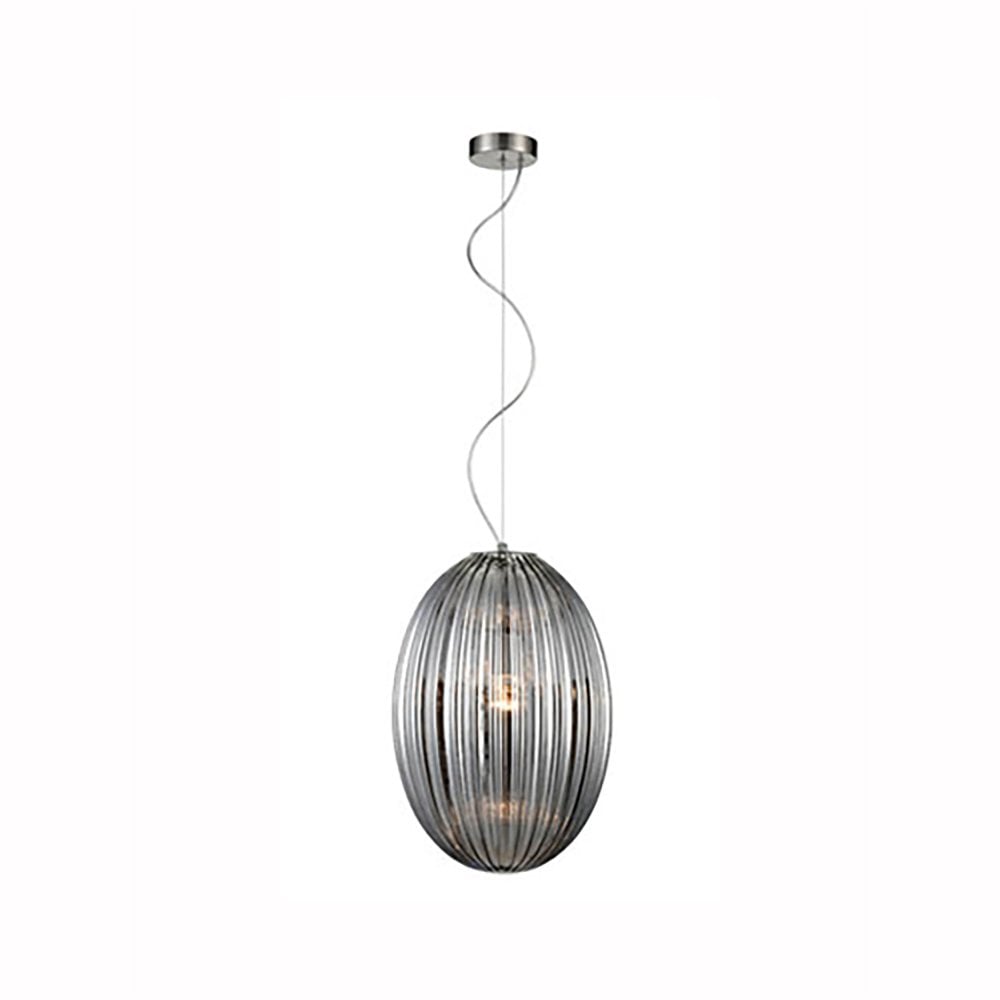 Almond Satin Nickel Pendant with Smoked Ribbed Glass 300mm