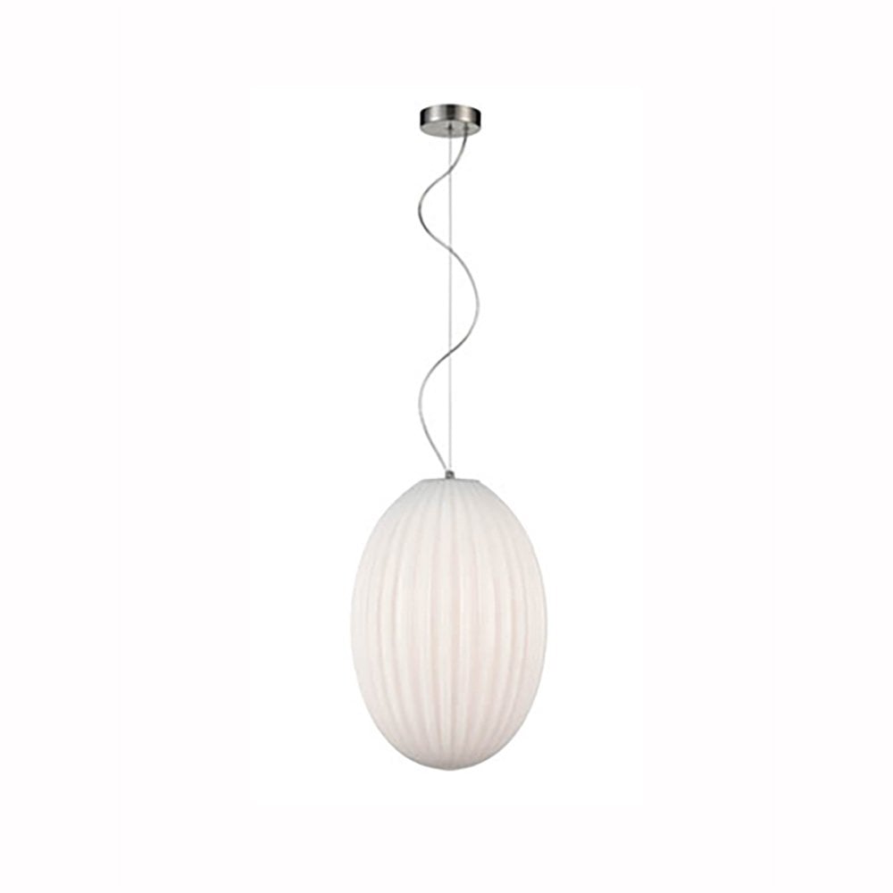 Almond Satin Nickel Pendant with Opal Ribbed Glass 300mm