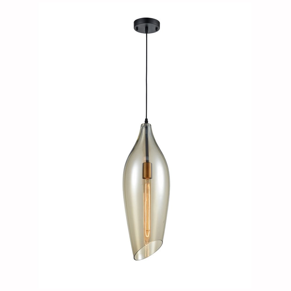Taper Pendant in Matt Black & Amber Glass Dia 200mm