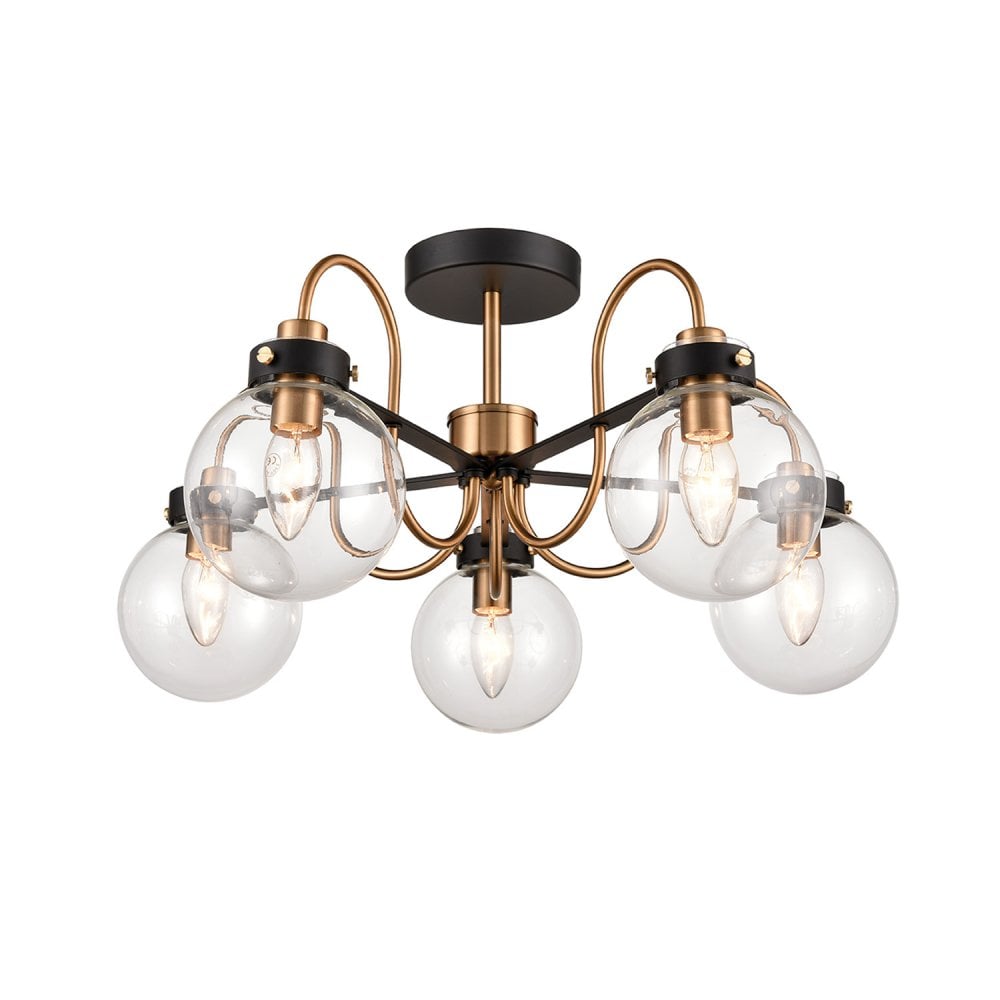 Equinox 5 Light Semi Flush Fitting in Matt Black & Antique Gold