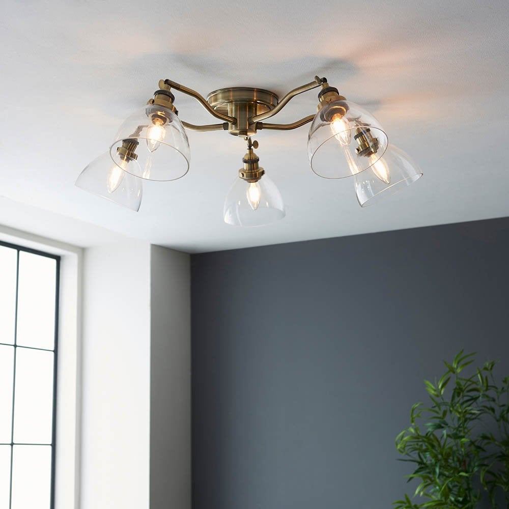 Hansen 5 Light Semi Flush Fitting in Antique Brass